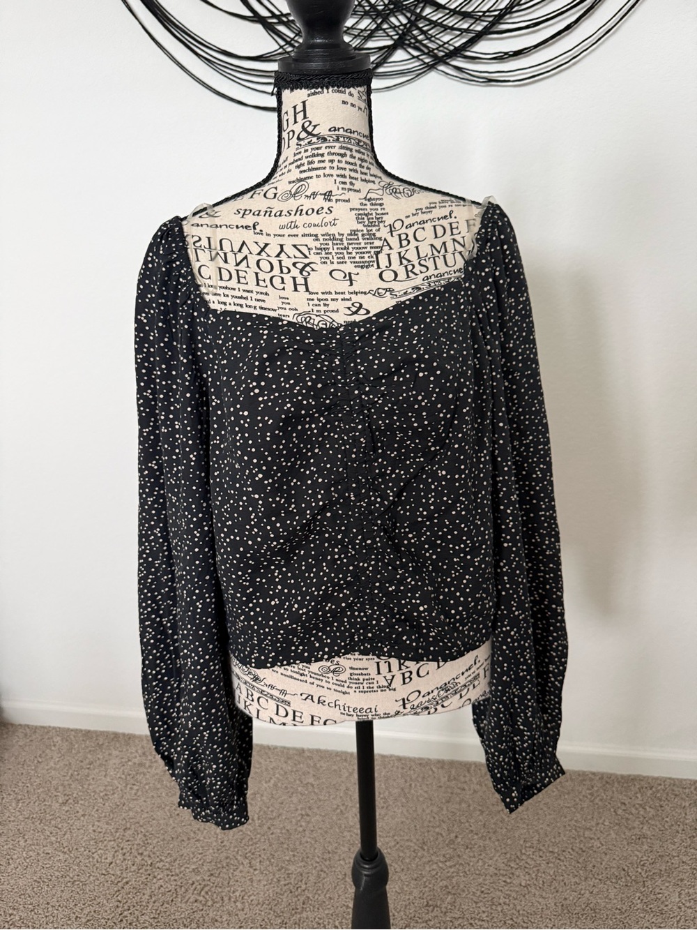 Target Black Puff-Sleeve Square Neck Blouse with White Dot Print by a new day